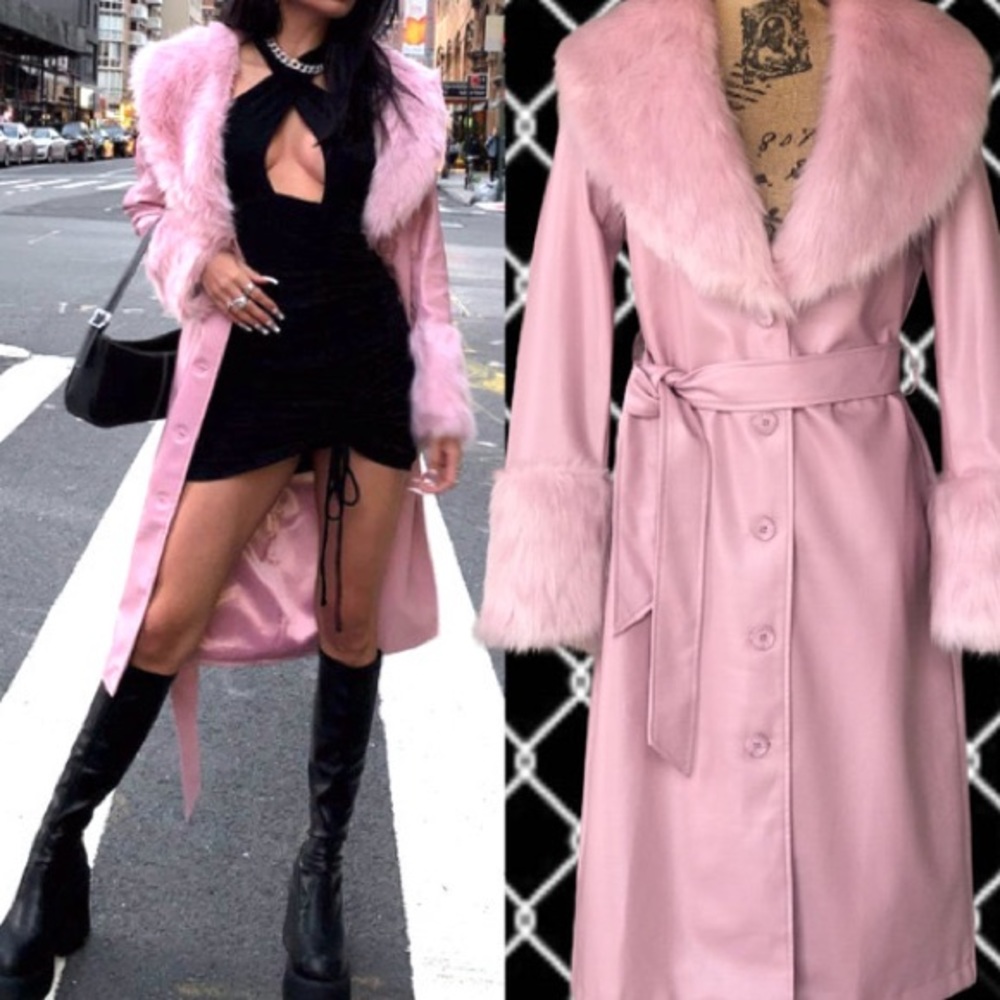 Pink fur lined leather coat with satin interior
